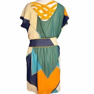 ADL Retro 70s Geometric Silky Multicolor Blouson Cinched Waist Glam Midi Dress